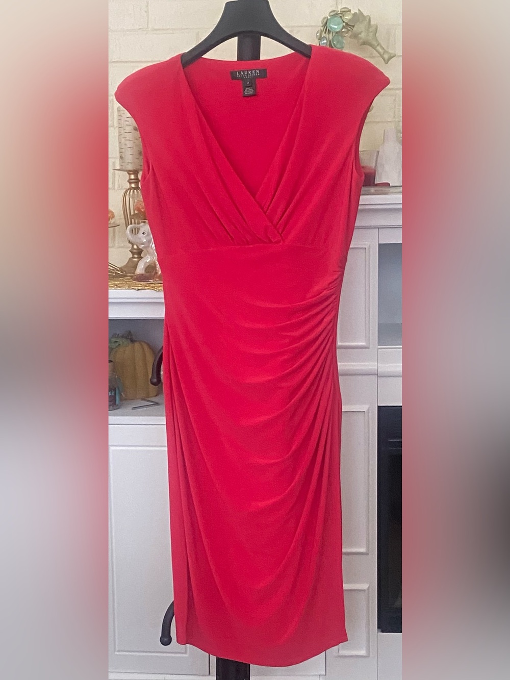 Ralph Lauren Vibrant Red Sleeveless Ruched V-Neck Dress